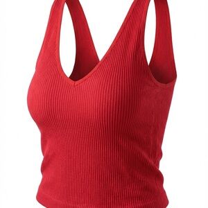 Revival Red Ribbed V Neck Tank Top Sleeveless Built in Bra small